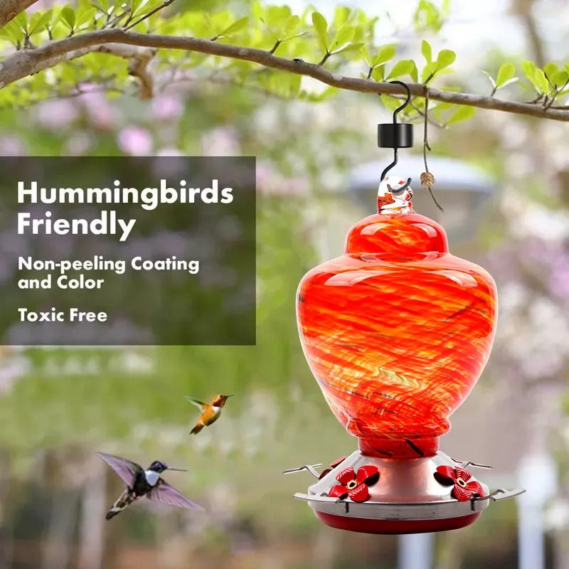 Hand Blown Glass Hummingbird Feeder - 38 Ounces
