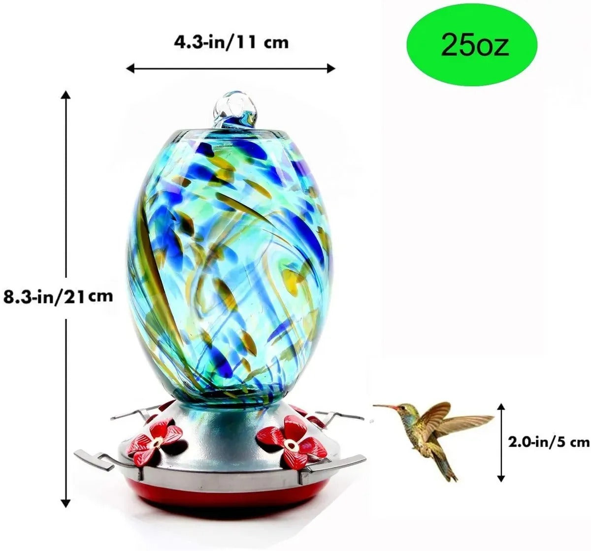 Hand Blown Glass Hummingbird Feeder - 25 Ounces