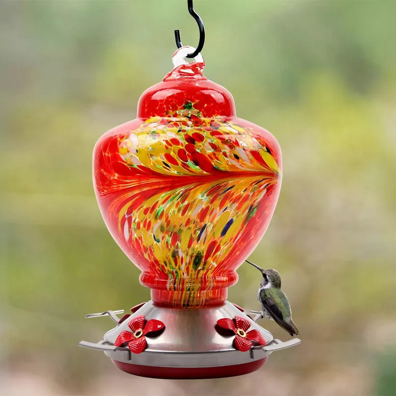 Hand Blown Glass Hummingbird Feeder - 38 Ounces